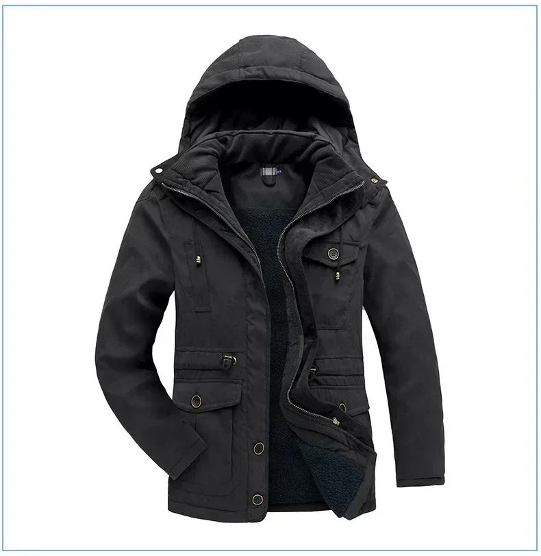 New Men's Jacket WINTER USA SIZE Large SIZE Lamb Fleece JACKETS Hooded Cotton Thickened Multi Pocket Casual Mid Length Coat