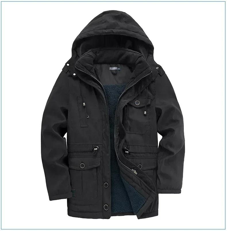New Men's Jacket WINTER USA SIZE Large SIZE Lamb Fleece JACKETS Hooded Cotton Thickened Multi Pocket Casual Mid Length Coat