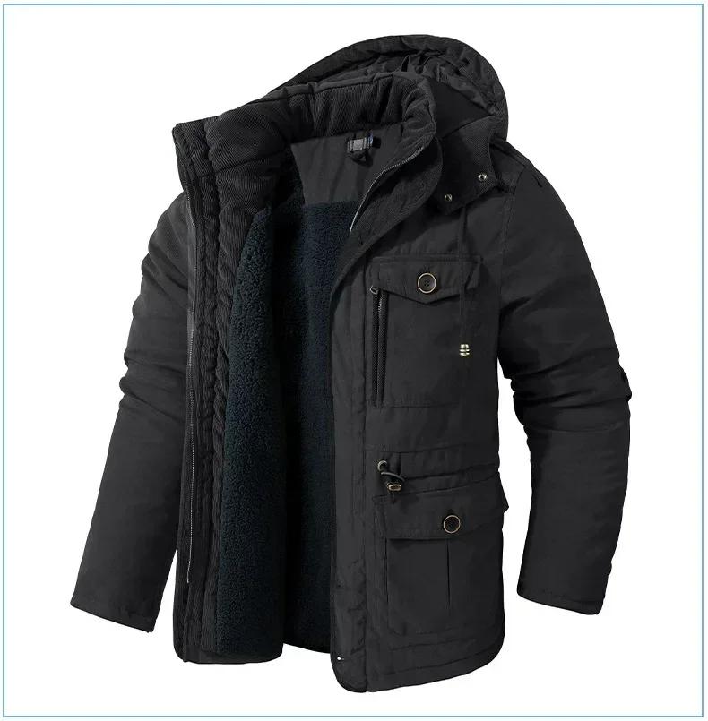 New Men's Jacket WINTER USA SIZE Large SIZE Lamb Fleece JACKETS Hooded Cotton Thickened Multi Pocket Casual Mid Length Coat