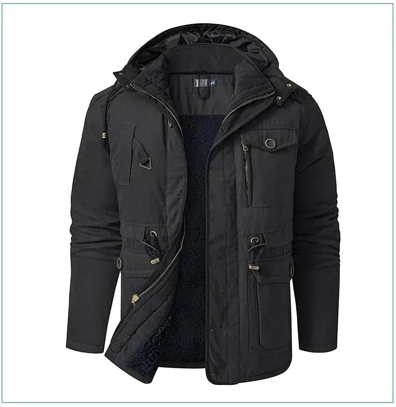 New Men's Jacket WINTER USA SIZE Large SIZE Lamb Fleece JACKETS Hooded Cotton Thickened Multi Pocket Casual Mid Length Coat